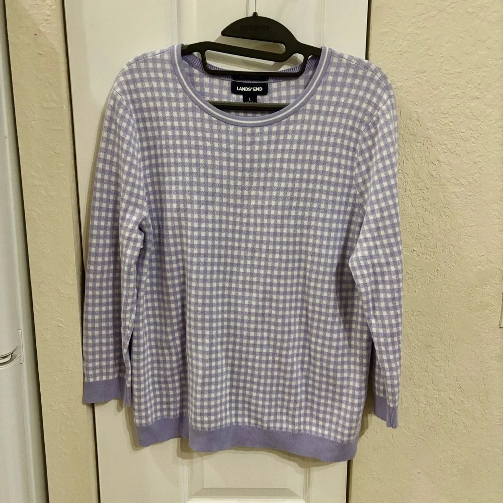 Lands' End Lavender Supima Cotton Gingham Sweater - Picture 2 of 5